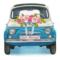 Cute watercolor blue and white shiny vintage car, wedding day vector