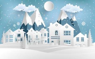 house in winter with mountains. paper cut design vector