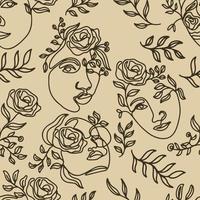 One Line Drawn Flower Face Seamless Pattern vector