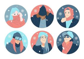 set collection of winter avatar characters. colorful cartoon illustration. modern fashion warm clothing. snowfall. snow icon. vector