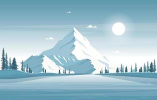 Snowy Winter Landscape with Mountains, Frozen River, and Trees vector