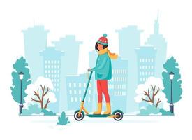 Woman riding electric kick scooter in winter. Eco transport concept. Vector illustration